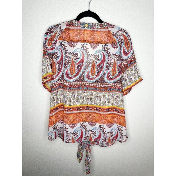Fig and Flower Blouse Womens 2X Multicolor Paisley Kimono Tie Front Bohemian Top - Picture 6 of 6
